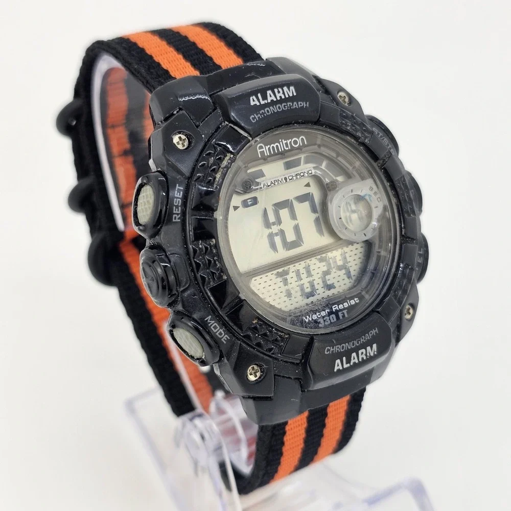 Armitron Men's Digital Sport Watch 48MM‎ Black Case NEW Orange Black Nylon Bands